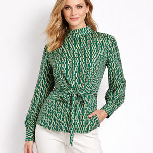 Ann Taylor Green Chain Print Tie Waist Blouse Preppy Quiet Luxury Medium